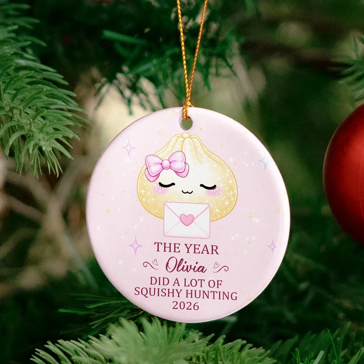 Cute Dumpling Squishy Hunter - Personalized Circle Ceramic Ornament - Christmas Gift For Kid, Son, Daughter