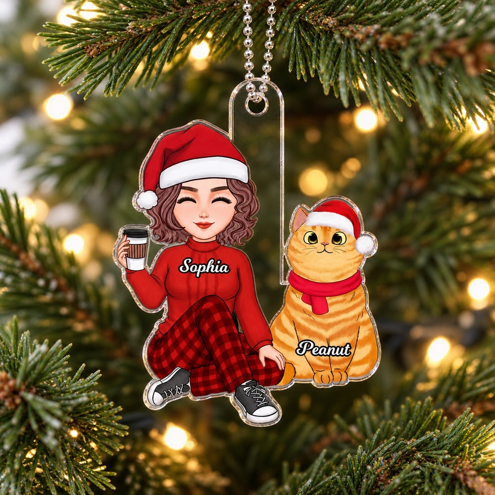 Custom shaped acrylic cat mom ornament Sophia and Peanut hanging on a Christmas tree branch