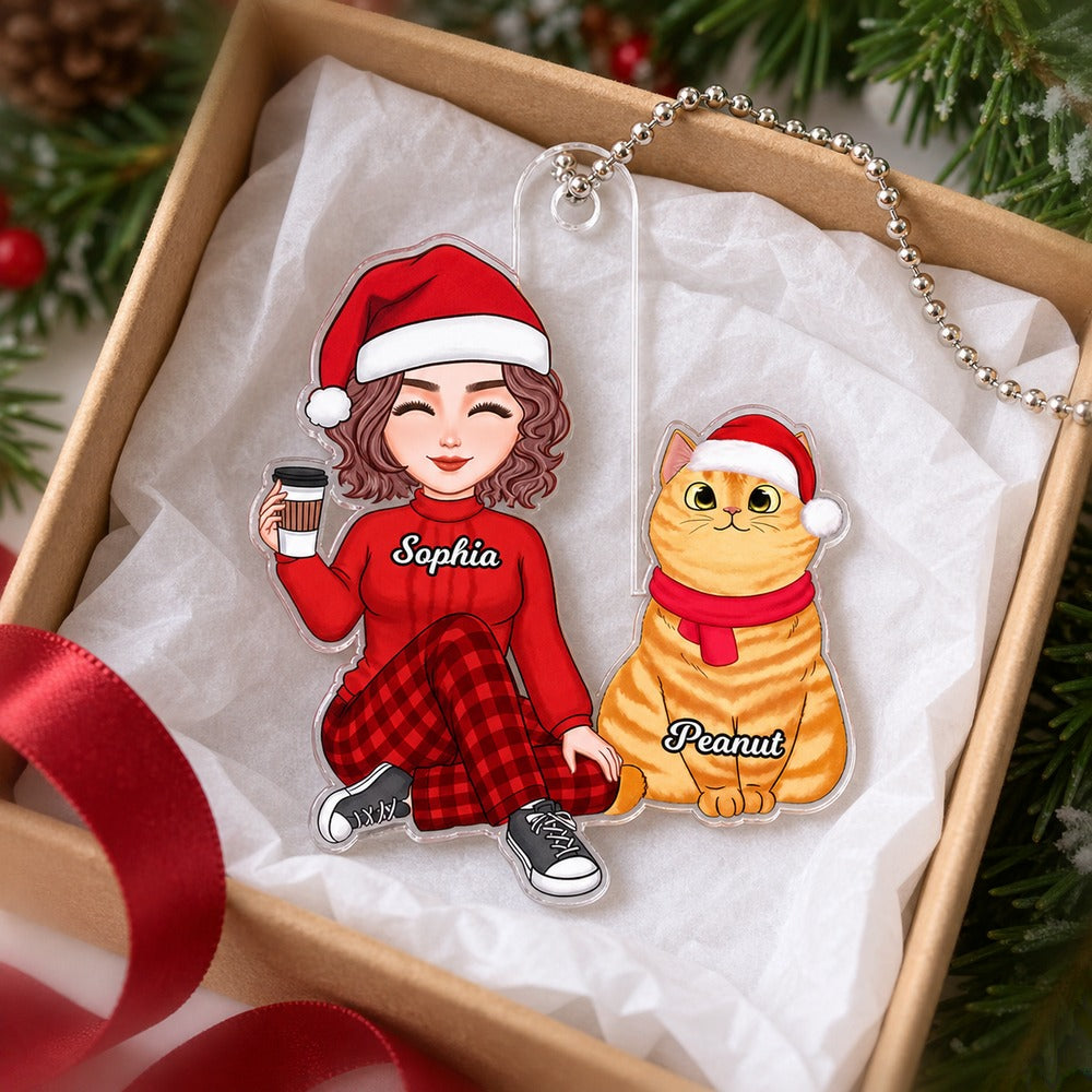 Cat mom and cat custom acrylic ornament nestled in a small gift box with tissue paper