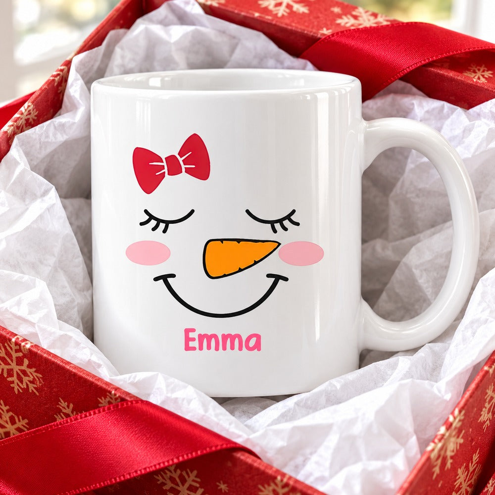 Custom Emma snowman Christmas mug in open holiday gift box with tissue paper
