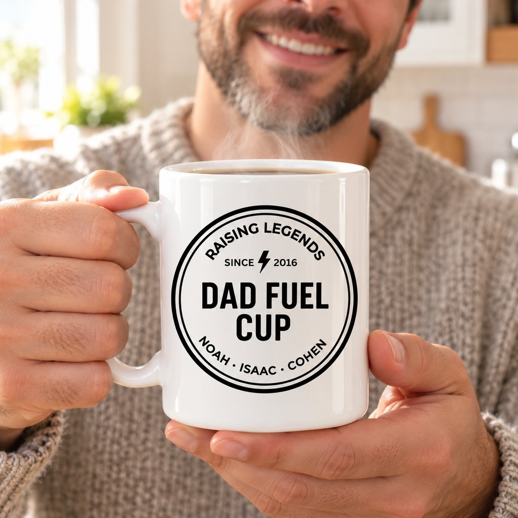 Dad holding personalized Raising Legends Dad Fuel coffee mug in bright kitchen