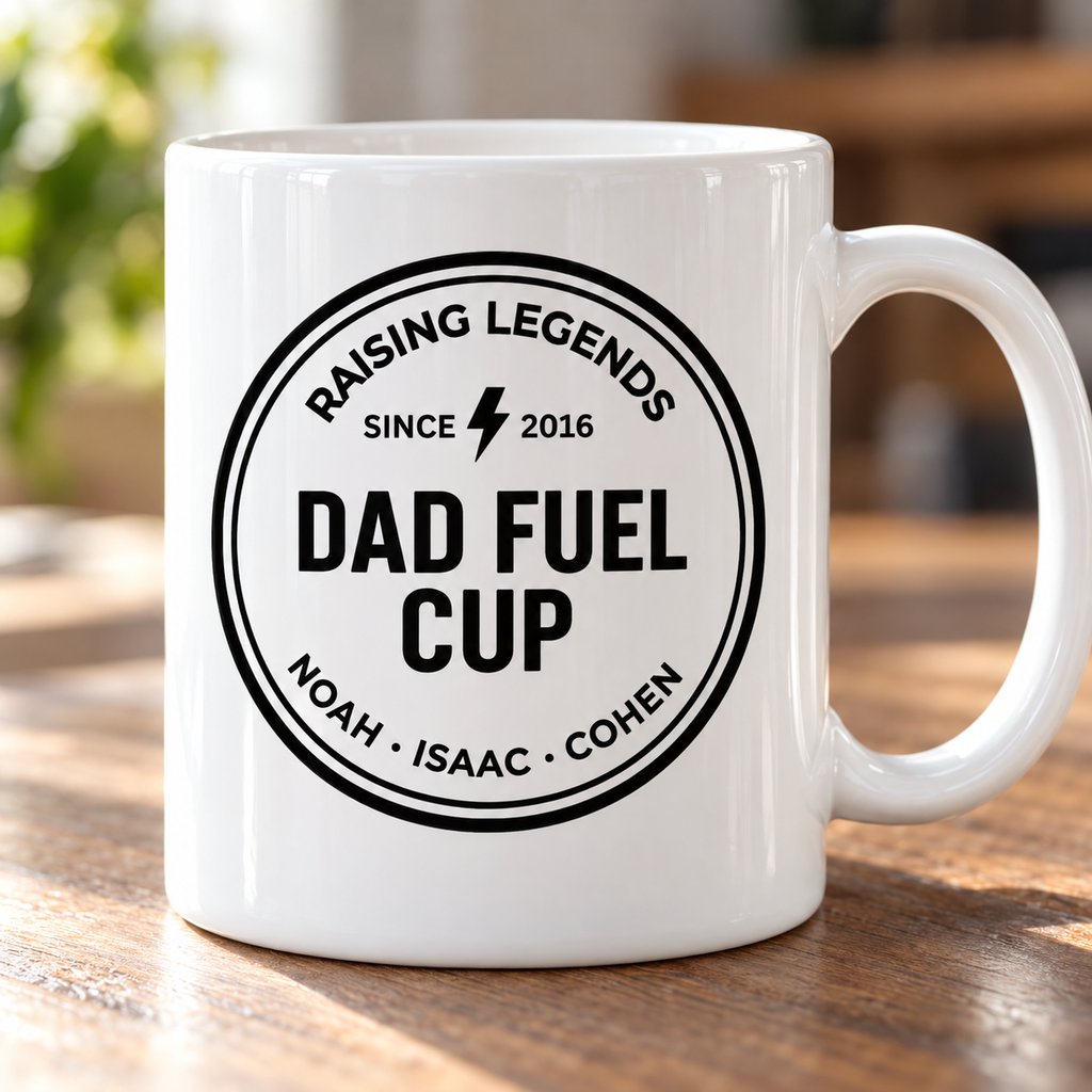 Close up detail of glossy white ceramic mug and black Dad Fuel stamp print
