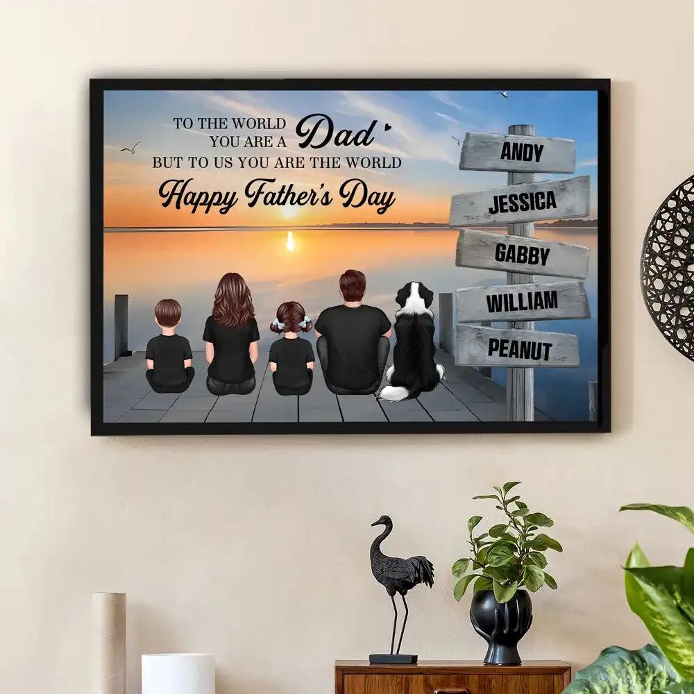 Personalized Custom Back View Family canvas print, a woman hanging the framed print on a wall