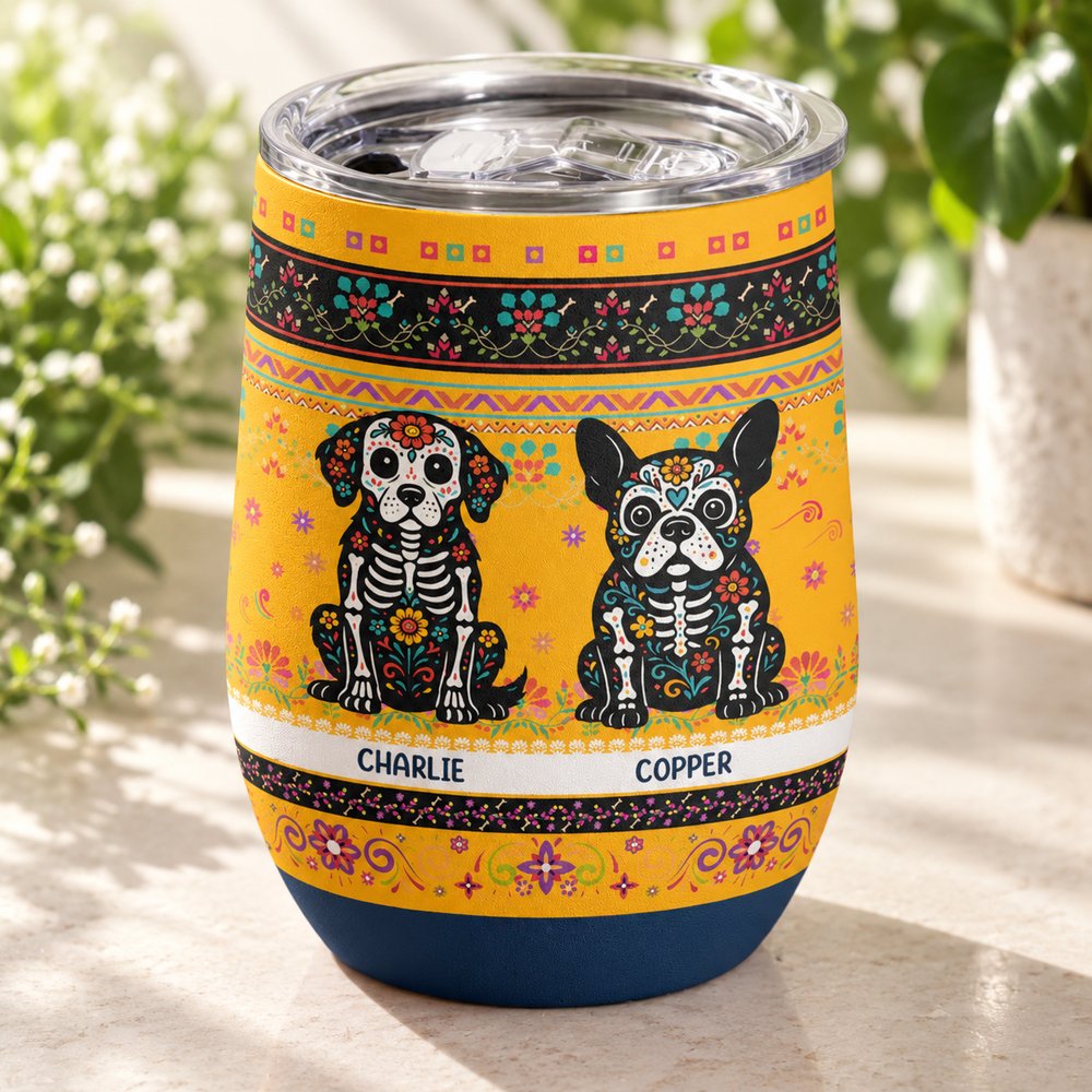 Close up detail of Day of the Dead dog print on 12oz wine tumbler