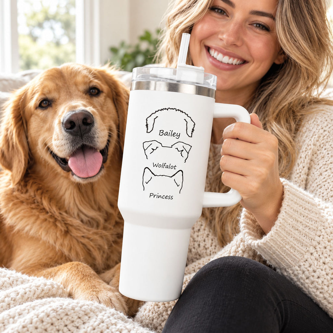 Dog mom holding her custom 40oz dog ears tumbler on a couch with her dog