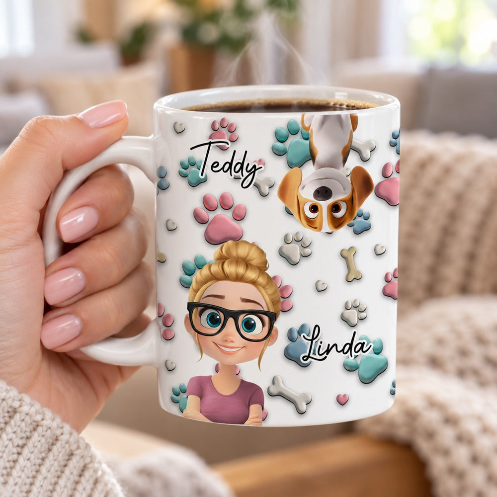 Woman holding personalized dog and woman cartoon coffee mug by the handle with warm steam