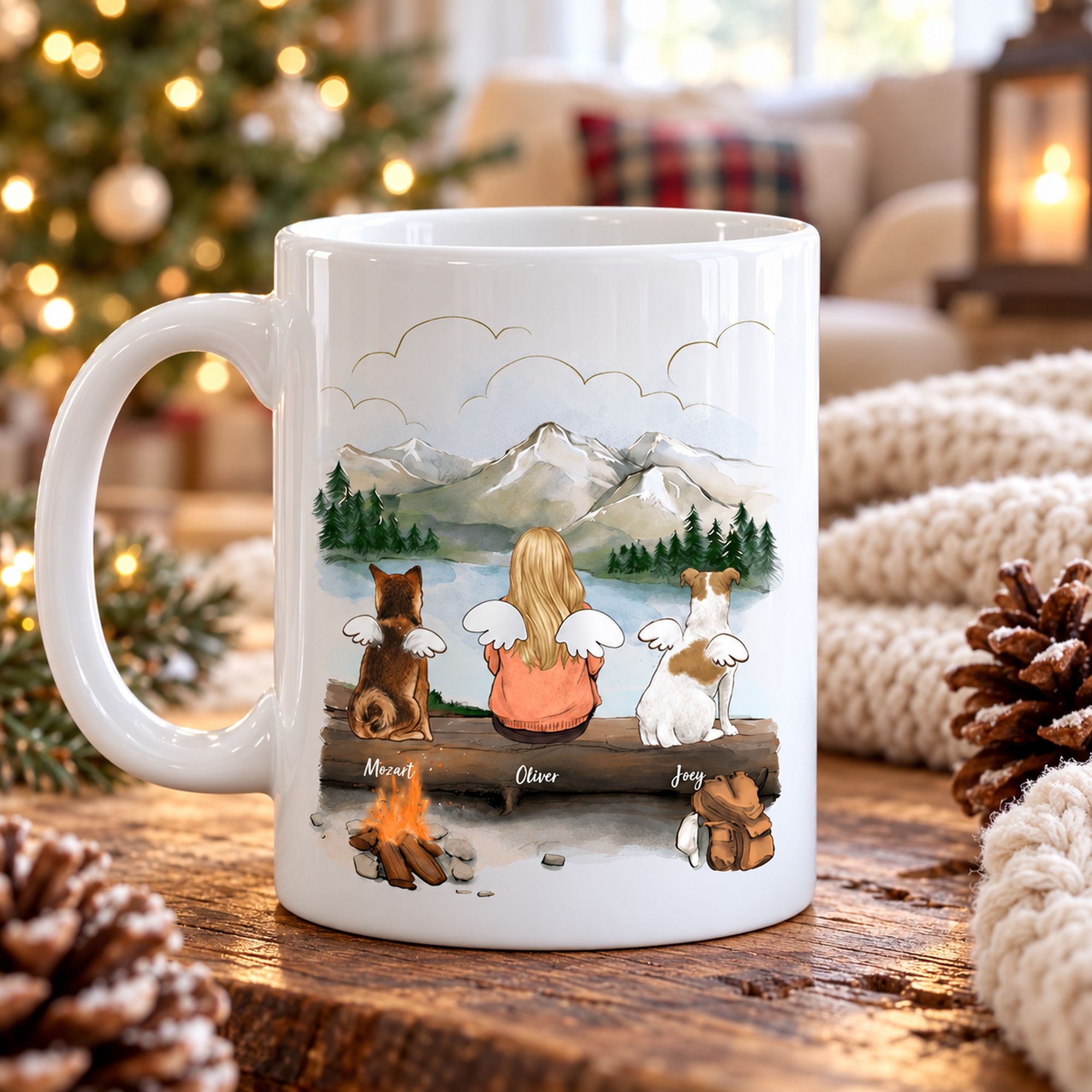 Personalized dog lovers mountain camping ceramic mug on wooden table by Christmas tree
