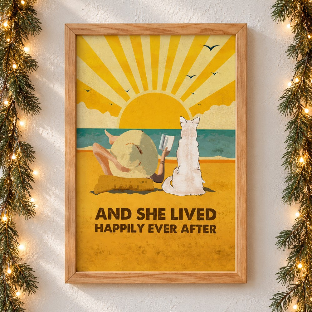Dog Happily Ever After framed poster on wall with holiday pine garland and fairy lights