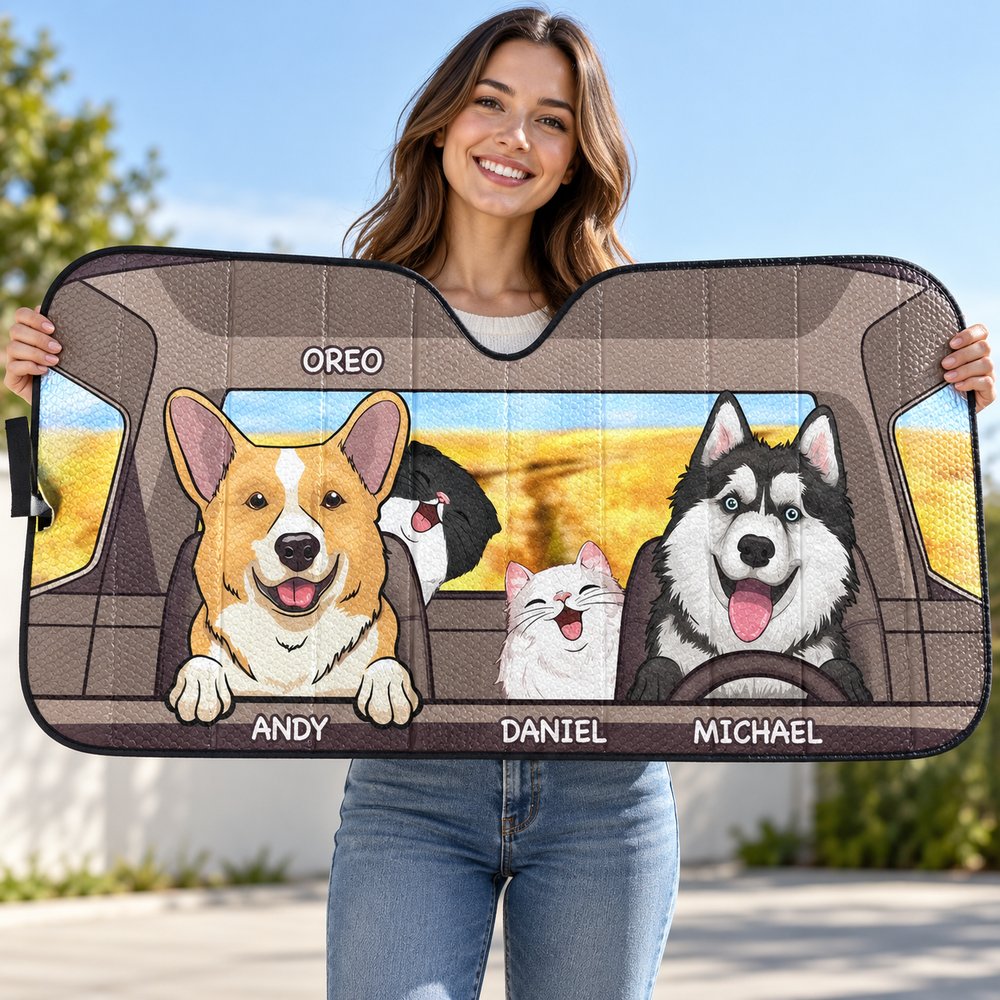 Close-up of personalized pet car sunshade showing quilted bubble texture and black trim