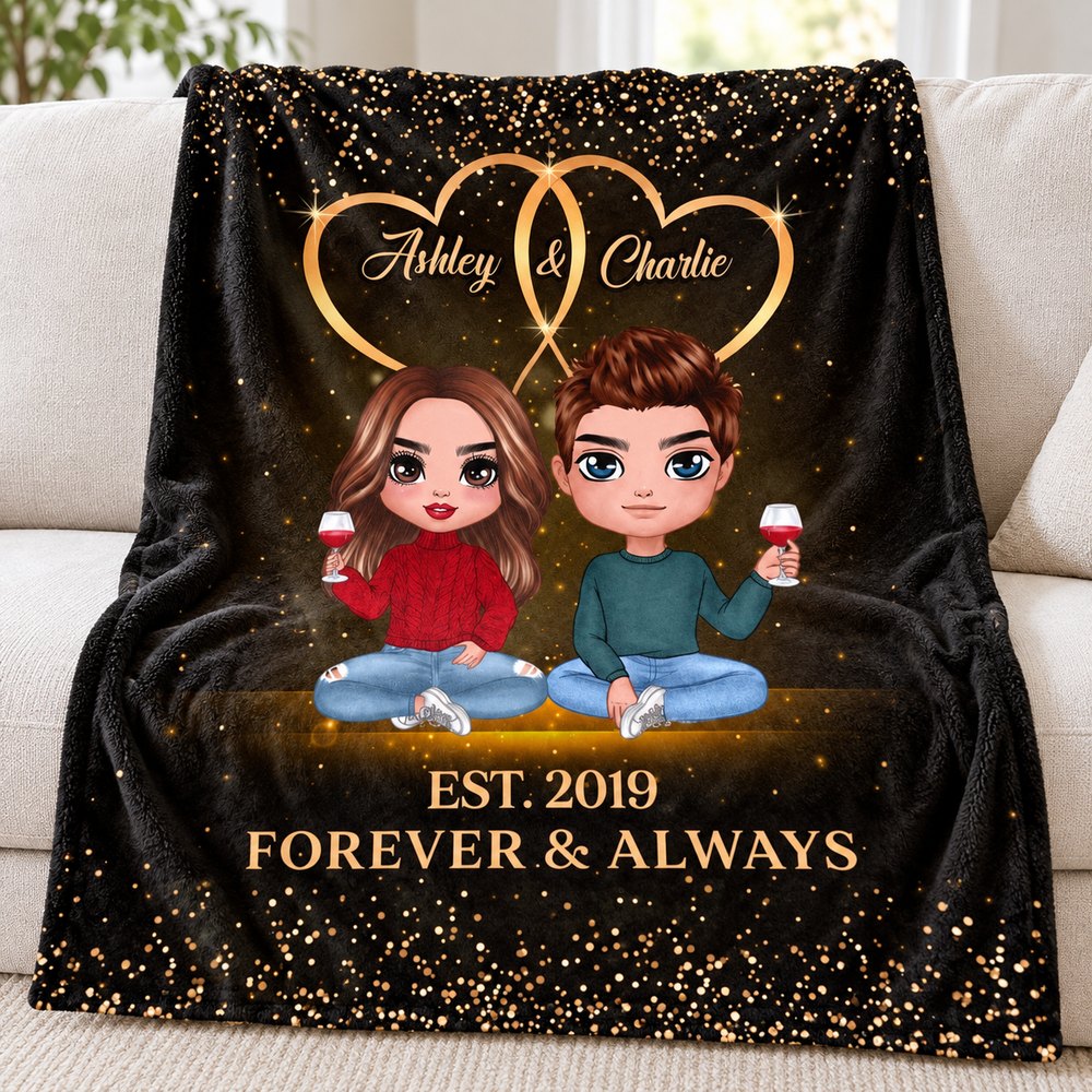 Close-up of soft fleece texture and printed doll couple holding wine glasses