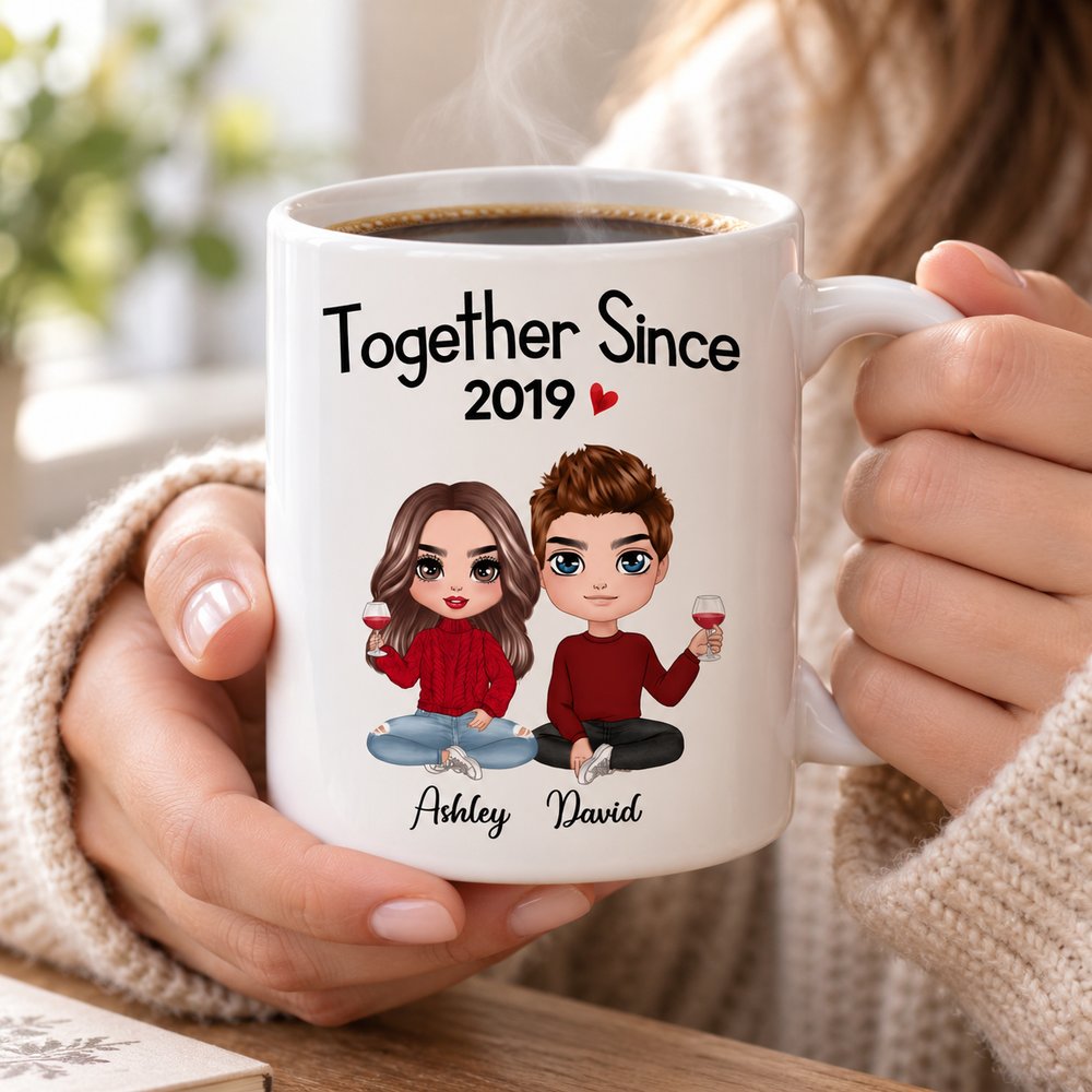 Hands holding steaming personalized doll couple mug with Together Since print