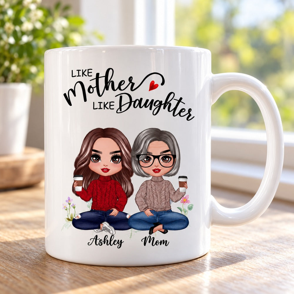 Close-up detail of the custom doll illustration and glossy print on the ceramic mug