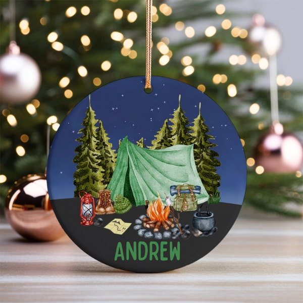 Camping Tent Christmas Ornament - Personalized Circle Ceramic Ornament - Christmas Gift For Camping Lovers