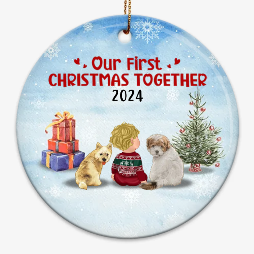 First Christmas Together Baby & Dog - Personalized Circle Ceramic Ornament - New 1st Baby Gift