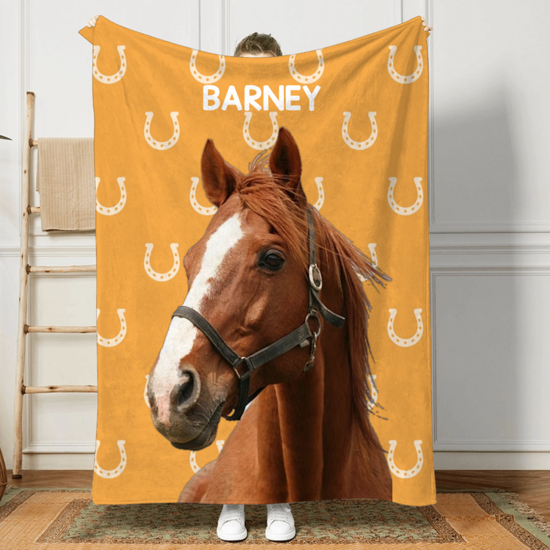 Custom Photo Horseshoe Print Multicolor fleece blanket, soft fleece fabric close-up