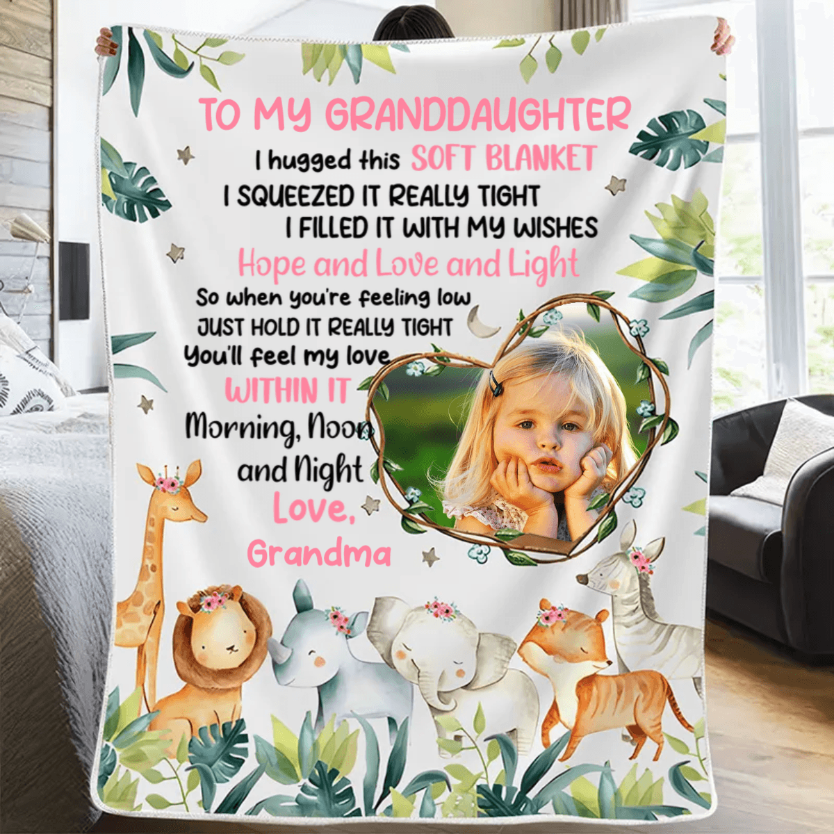 Custom Photo Safari Animals Nursery Blanket For Grandkids | Personalized Gift For Granddaughters, Grandsons, Daughters, Sons | Blanket - Suzitee Store