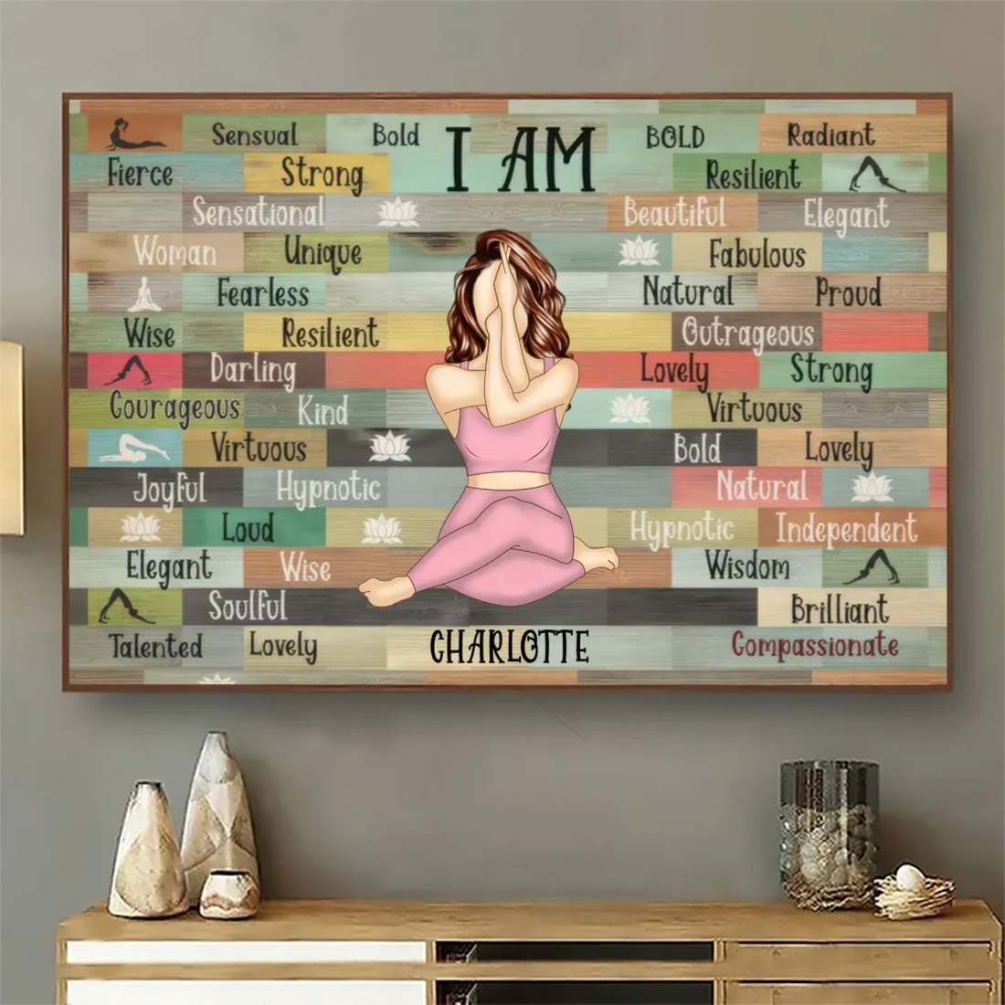 Personalized I Am Yoga Girl canvas print, a woman hanging the framed print on a wall