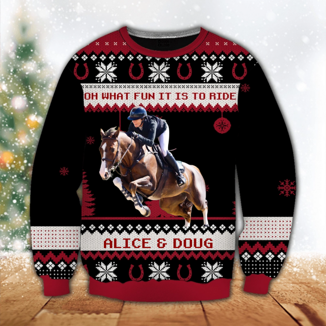 Custom Photo Oh What Fun It Is To Ride Horse Lovers ugly Christmas sweater, alternate view 3