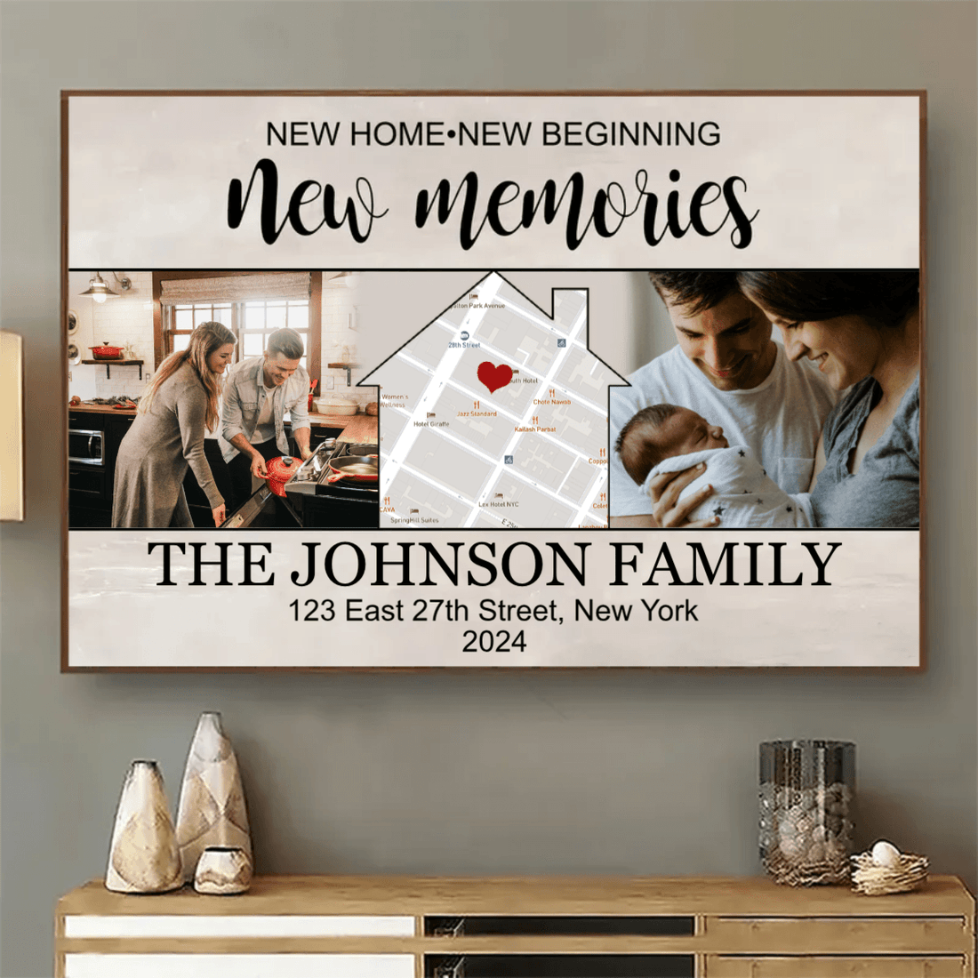 Custom Photo Housewarming Gift poster, framed in a bright living room
