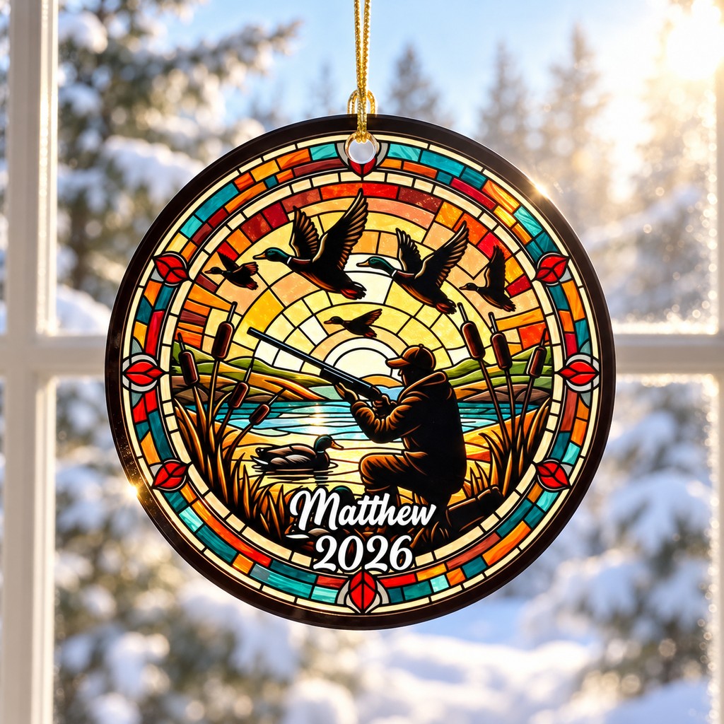 Personalized duck hunting suncatcher ornament hanging in a sunlit winter window