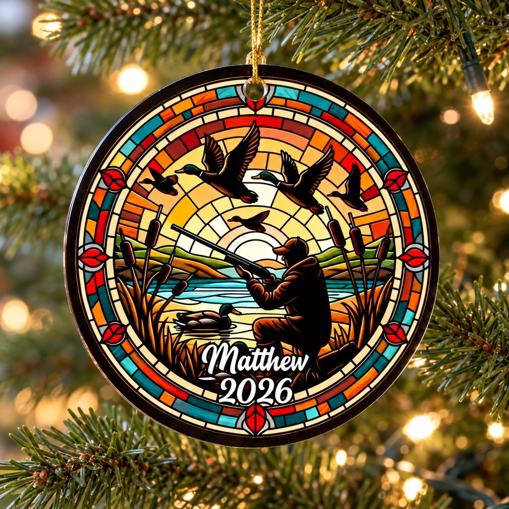 Duck hunting Christmas suncatcher ornament hanging on an evergreen tree branch