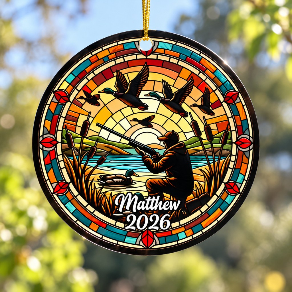 Close-up detail of personalized Matthew 2026 duck hunting suncatcher print