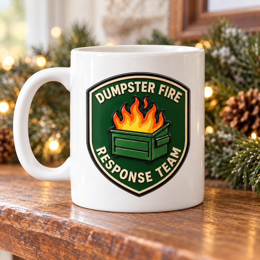 Dumpster Fire Response Team personalized mug on a holiday mantel with pine garland