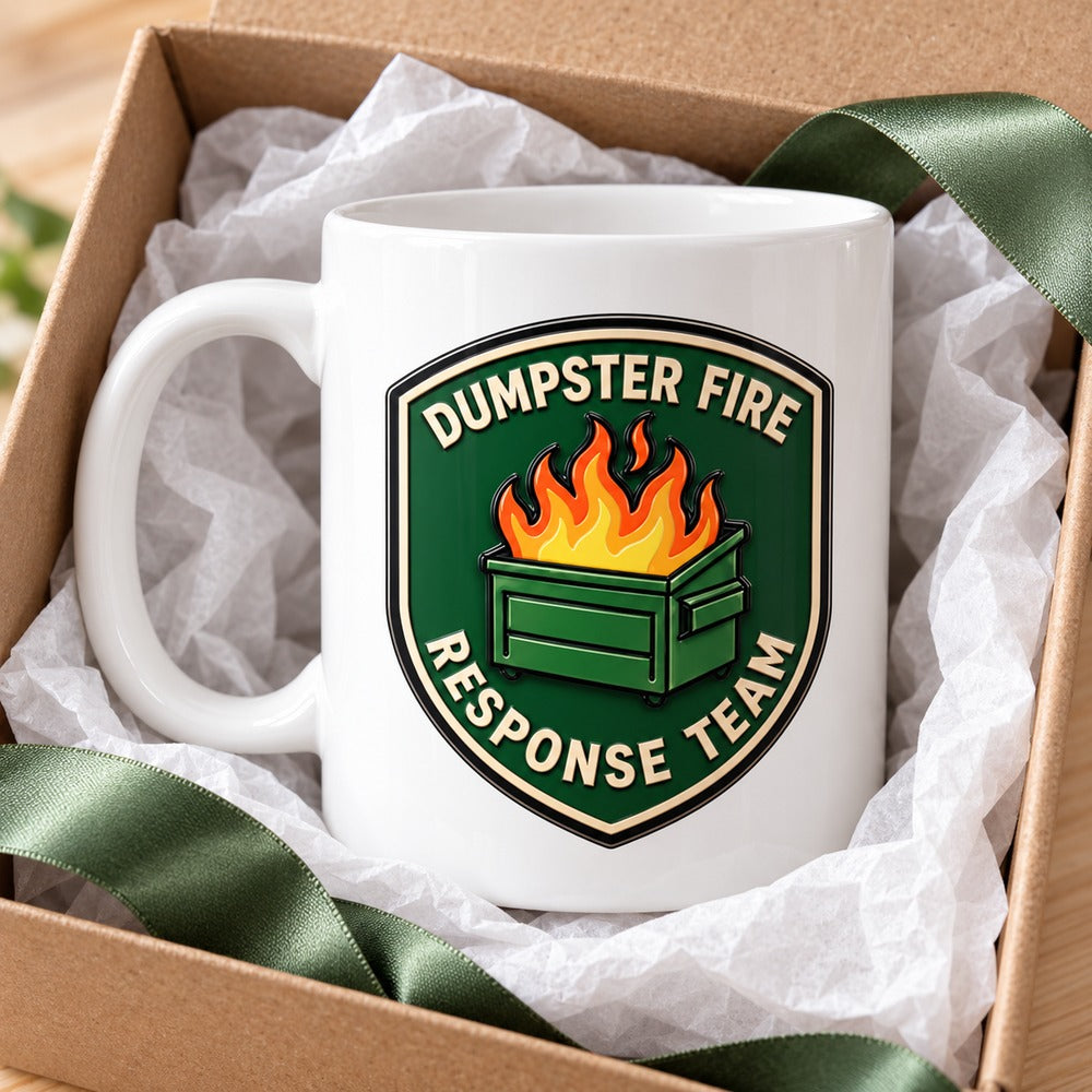 Dumpster Fire Response Team custom mug in an open gift box with ribbon and tissue paper