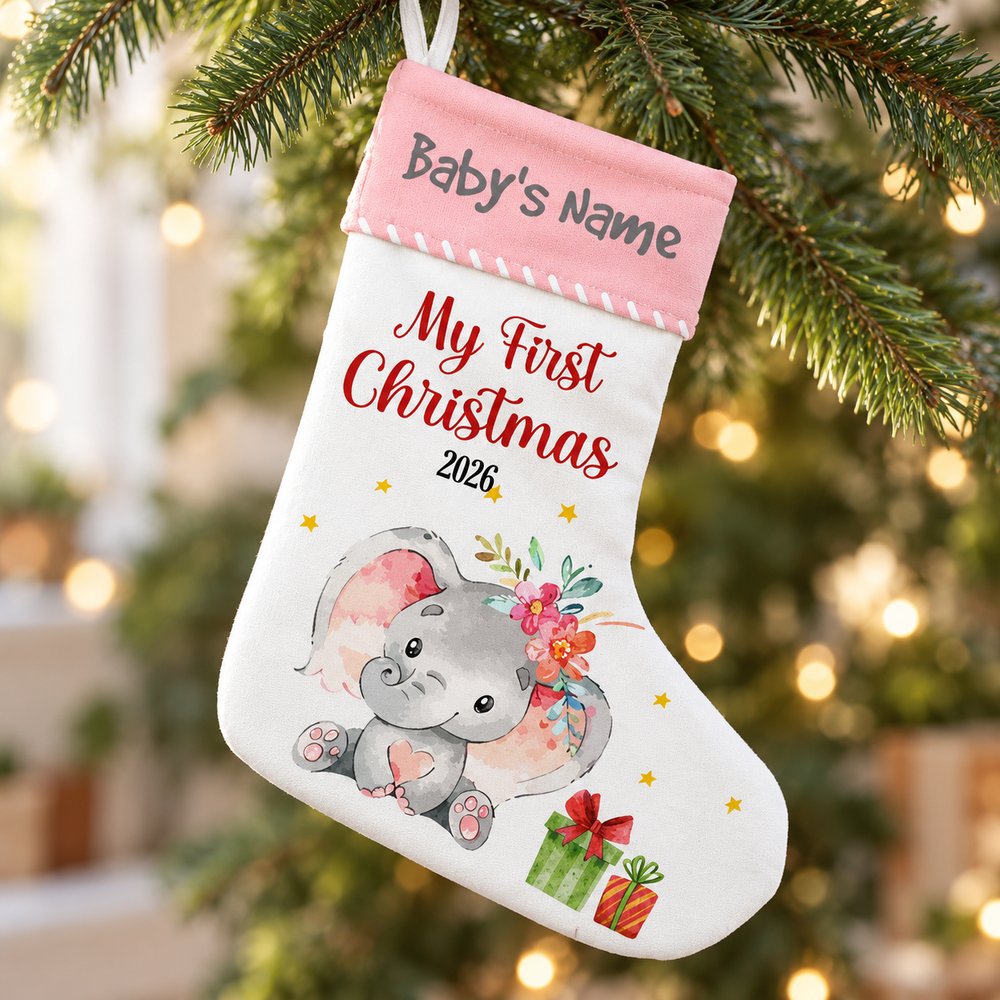 Close up detail of the fabric texture and watercolor elephant print on the Christmas stocking