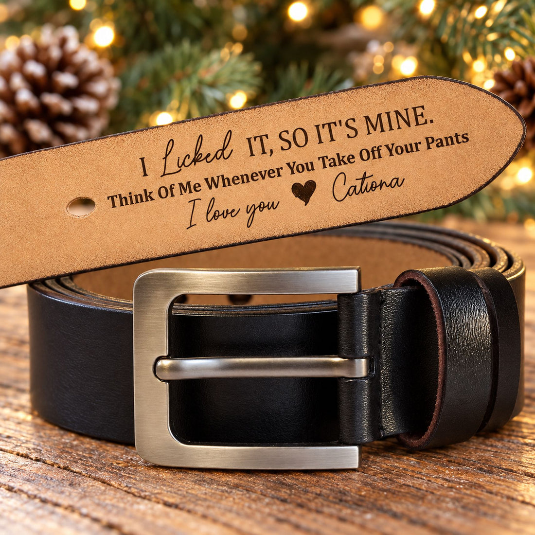 Custom engraved leather belt for husband displayed on a holiday wooden table with Christmas decor