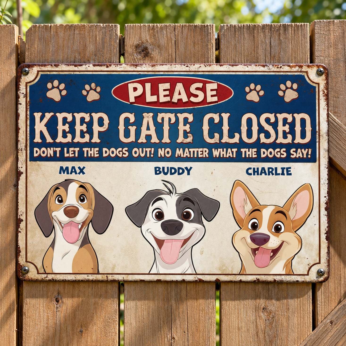 Personalized Keep Gate Closed dog metal sign mounted on a wooden backyard fence gate