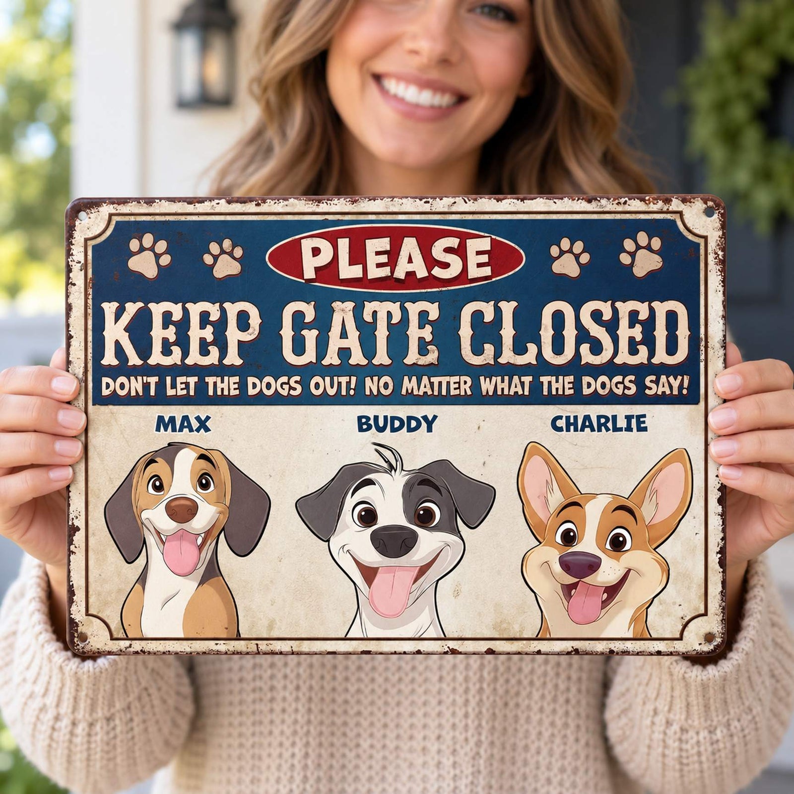 Dog mom holding personalized Escape Artists At Work dog metal sign on a sunny porch