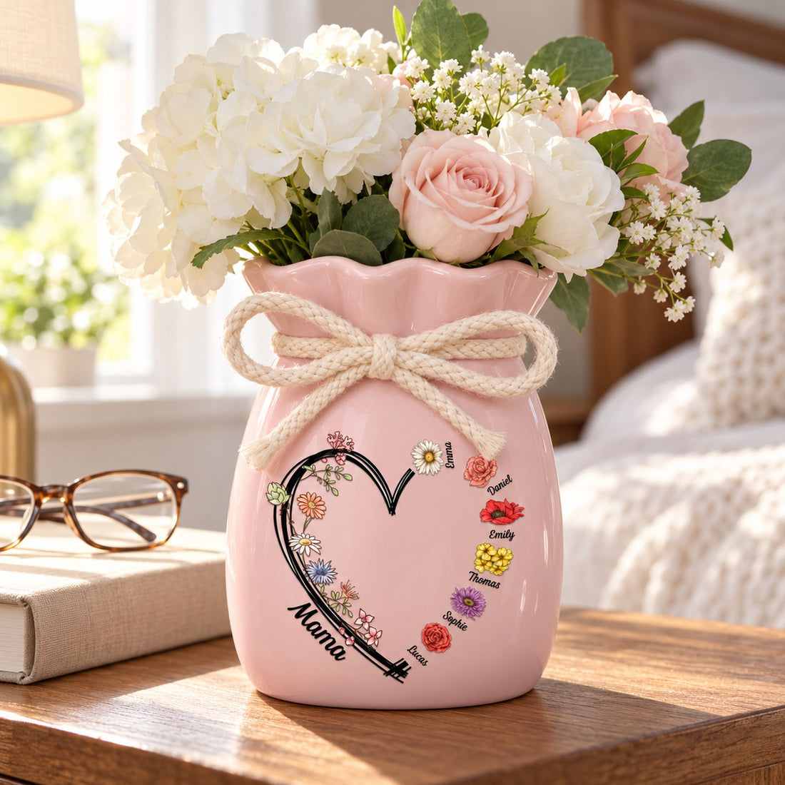Pink personalized Mama flower vase next to a hardcover book and glasses showing real size