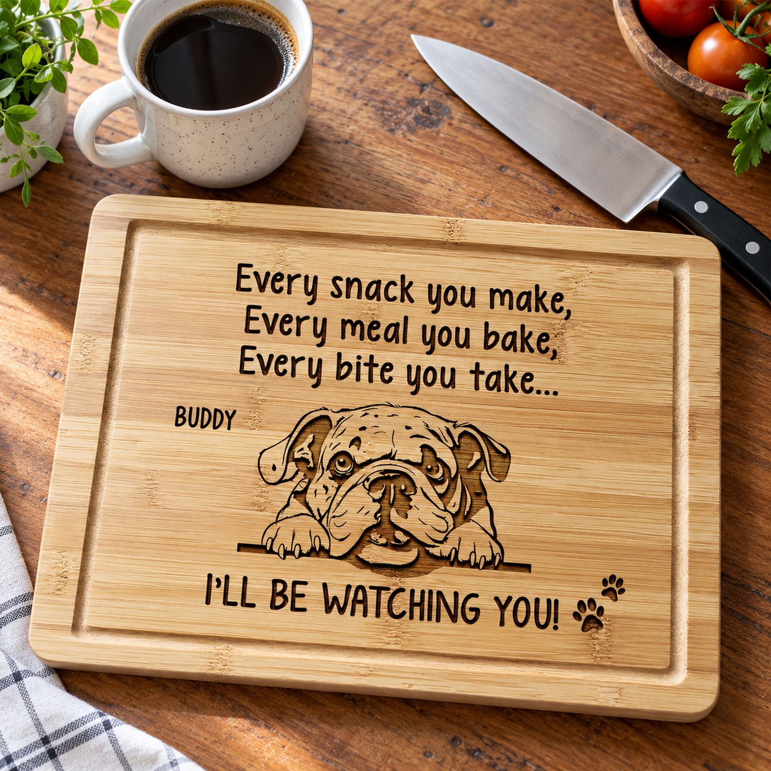 Personalized bamboo cutting board next to a coffee mug and knife for scale