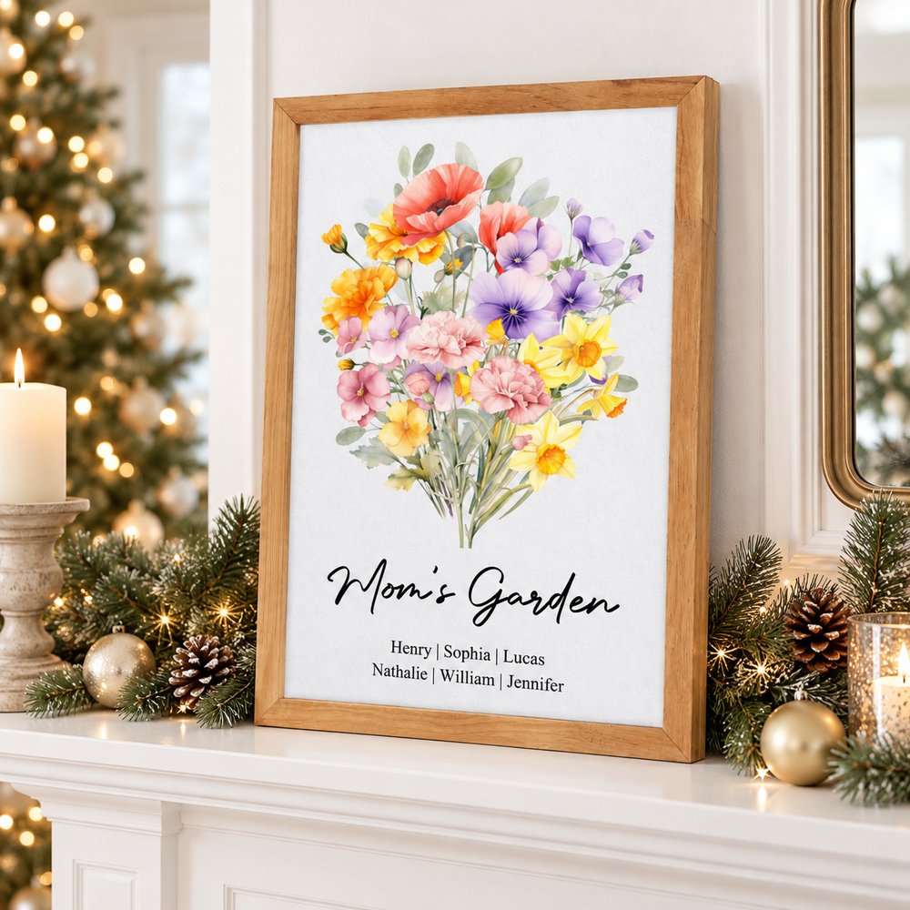 Personalized family birth flower bouquet framed print on holiday mantel