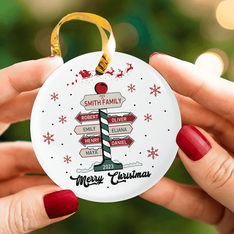 Family Christmas Tree personalized circle ceramic ornament, alternate view 2