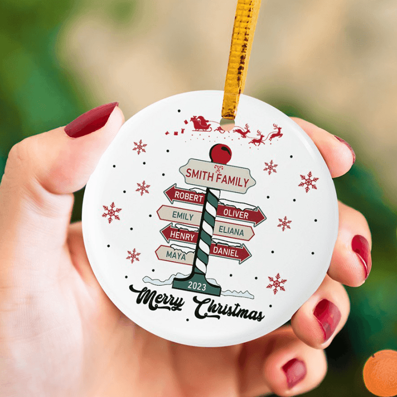 Family Christmas Tree personalized circle ceramic ornament, alternate view 3