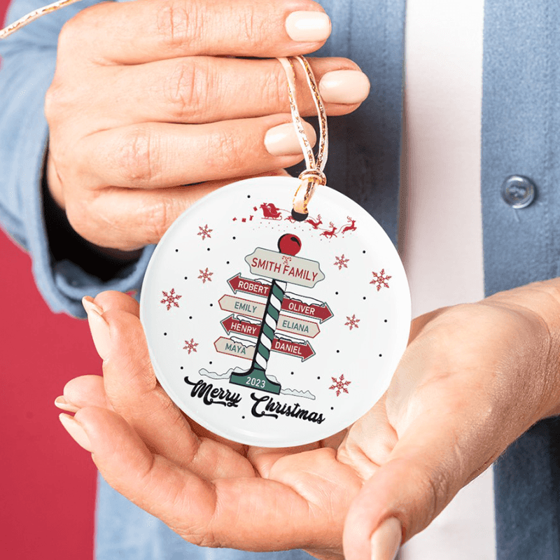Family Christmas Tree personalized circle ceramic ornament, alternate view 4