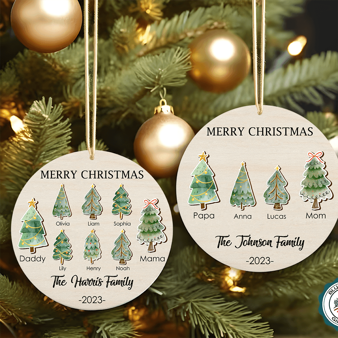 Family Christmas Tree Ornament 2 layers custom shaped wooden ornament, alternate view 2