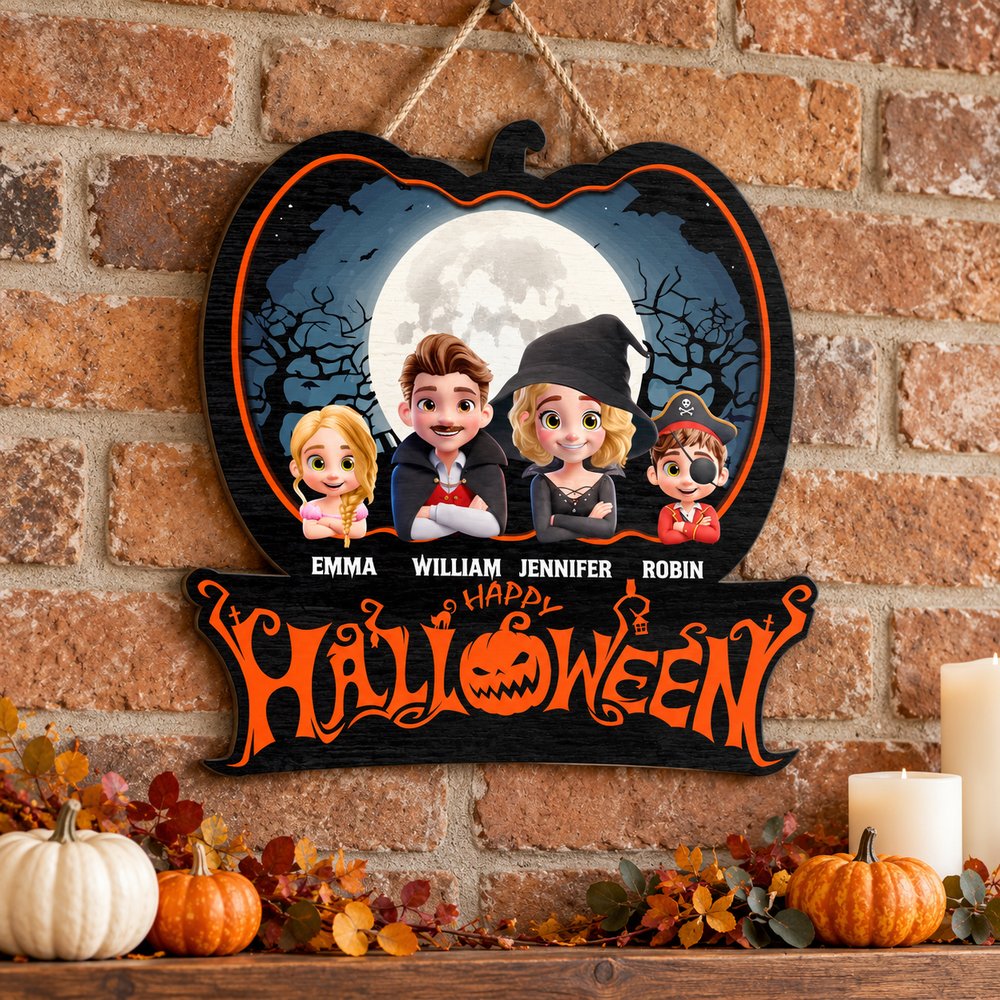 Personalized family costume Halloween wood sign hanging above a decorated autumn fireplace mantel