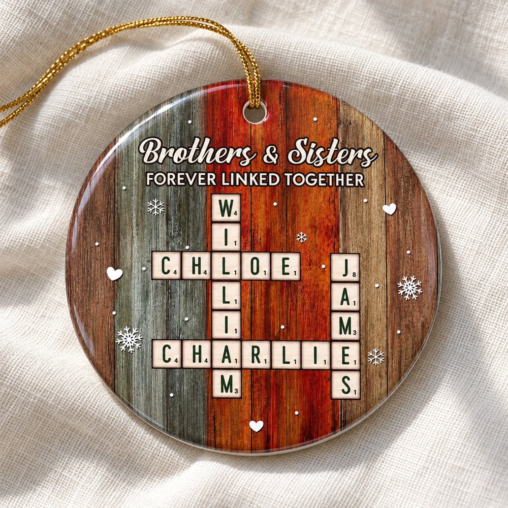 Close up detail of glossy 3x3 inch round ceramic ornament with printed family crossword design