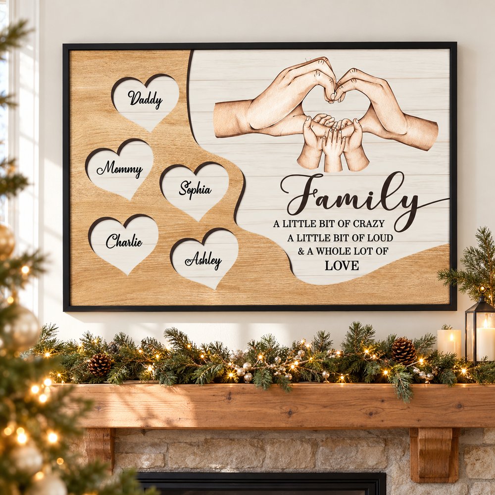 Personalized Family Hands wall art hanging above a Christmas decorated mantel in a bright living room