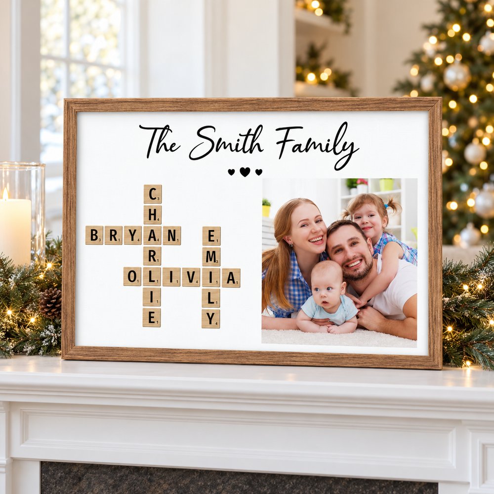 Custom photo family crossword framed canvas print displayed on a holiday mantel