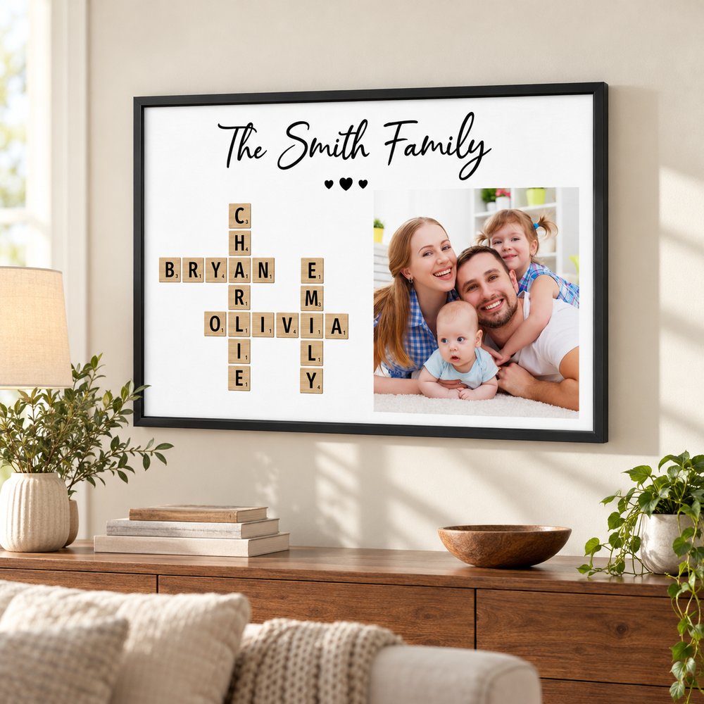 Personalized family crossword photo poster hanging on a bright living room wall