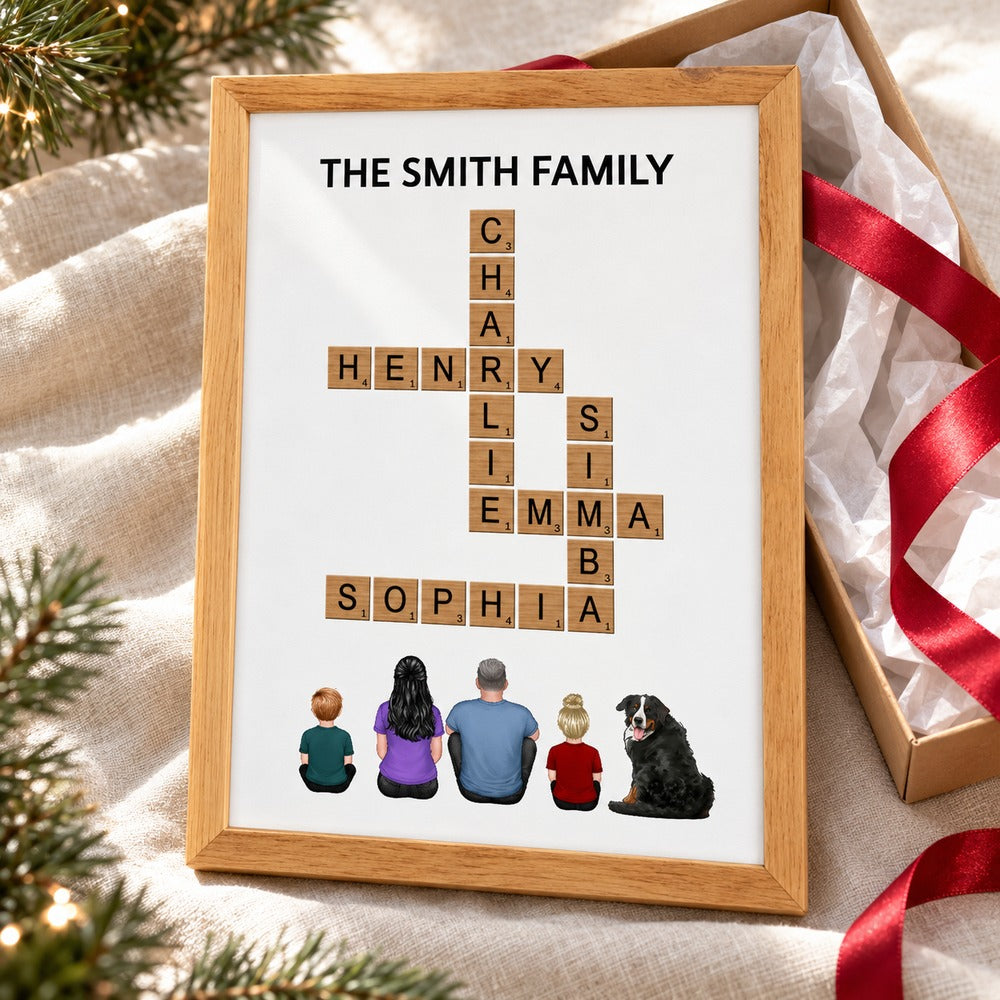 Family crossword personalized framed print with holiday gift box and ribbon