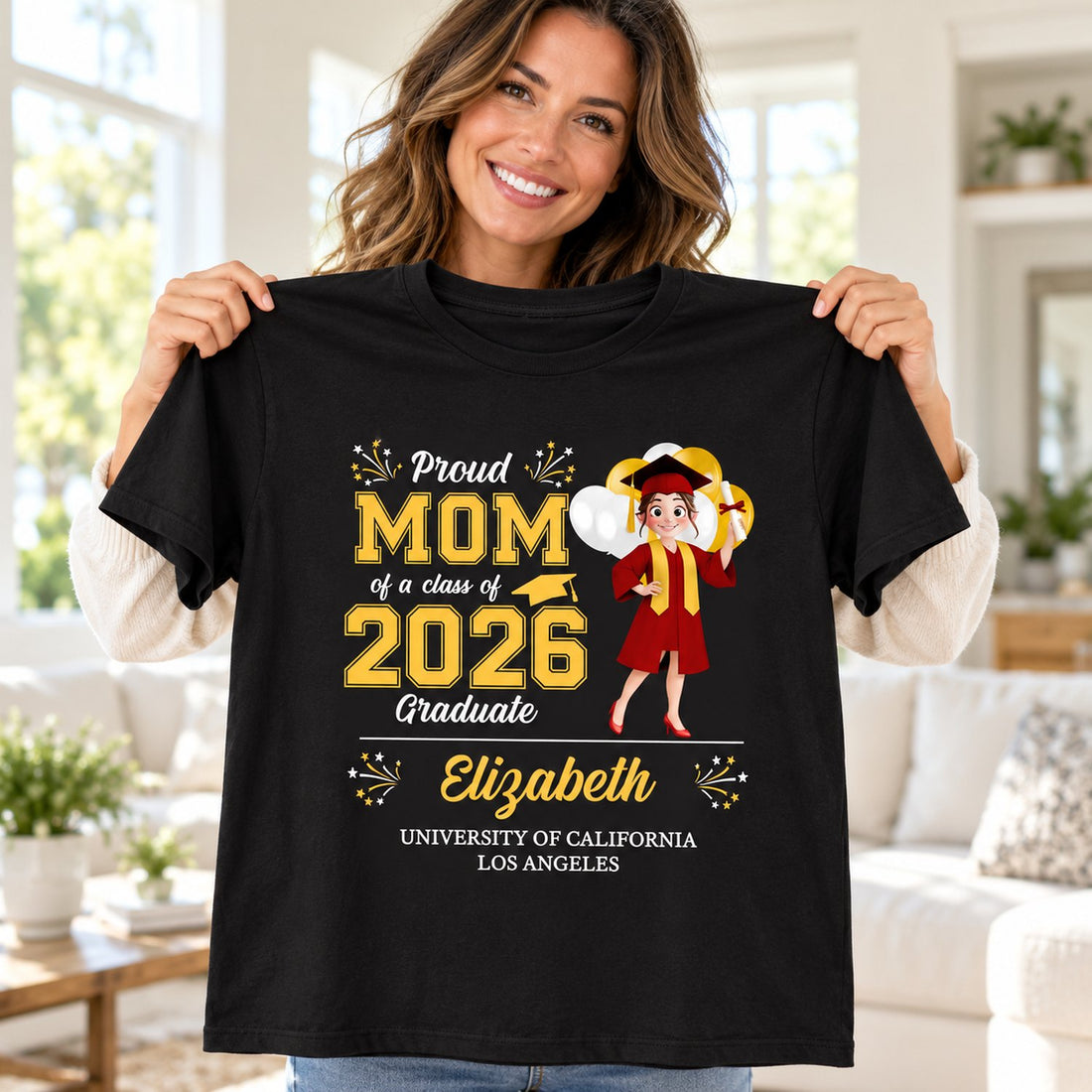 Happy mom holding custom graduation family matching t-shirt for Class of 2026