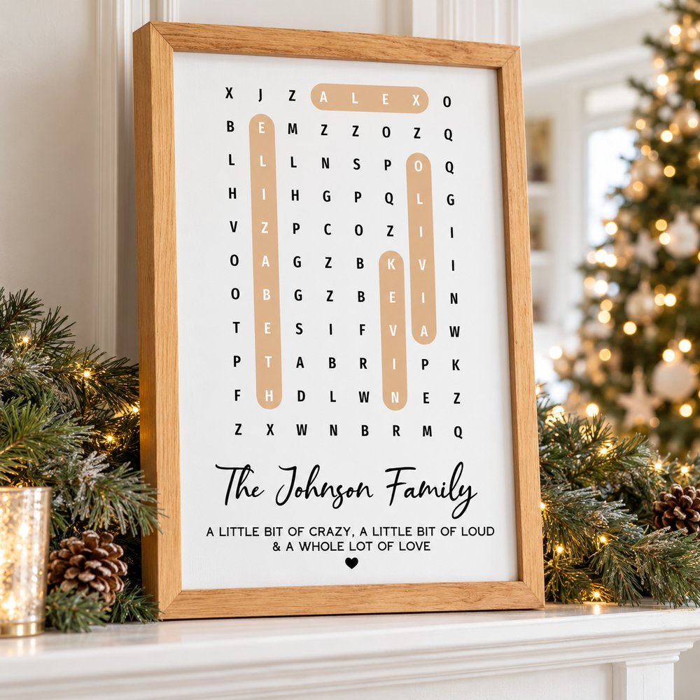 Personalized family word search framed print on holiday mantel with pine garland