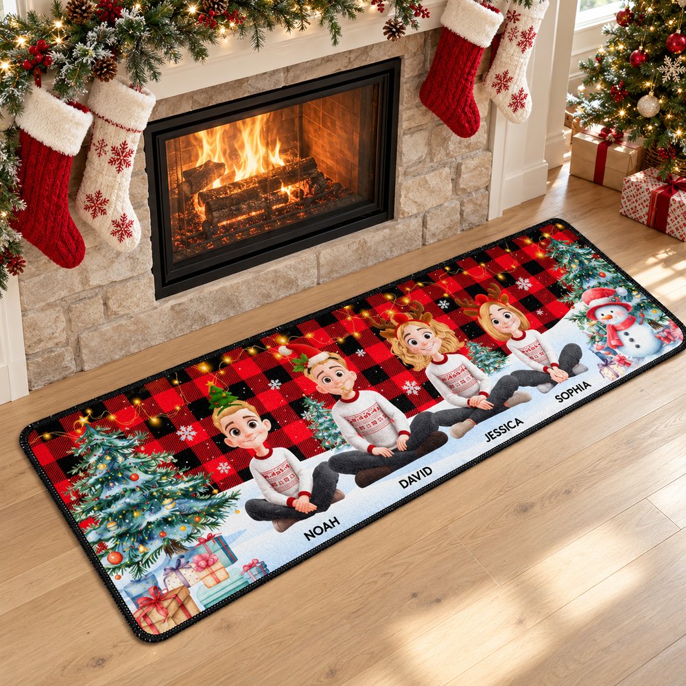 Personalized family Christmas buffalo plaid runner rug in front of a festive fireplace mantel