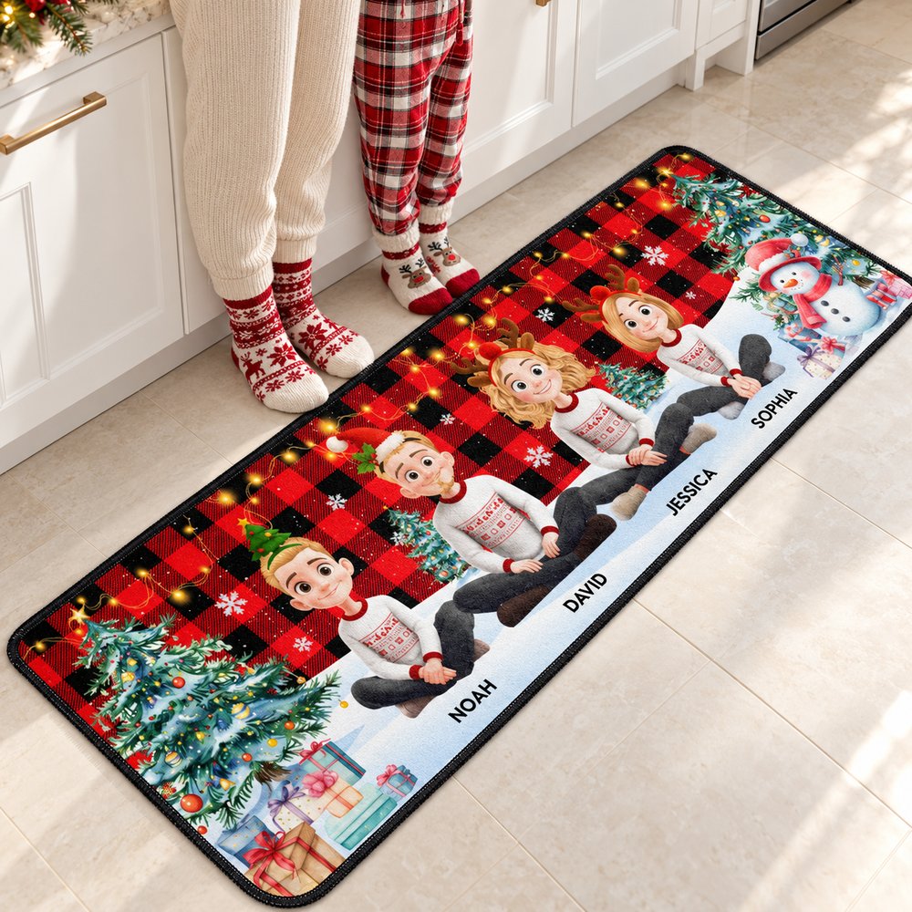 Family standing in cozy socks on the personalized Christmas runner rug in a bright kitchen
