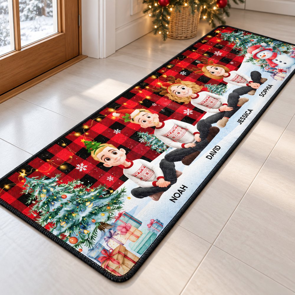 Close-up detail of the personalized Christmas runner rug texture and black stitched border